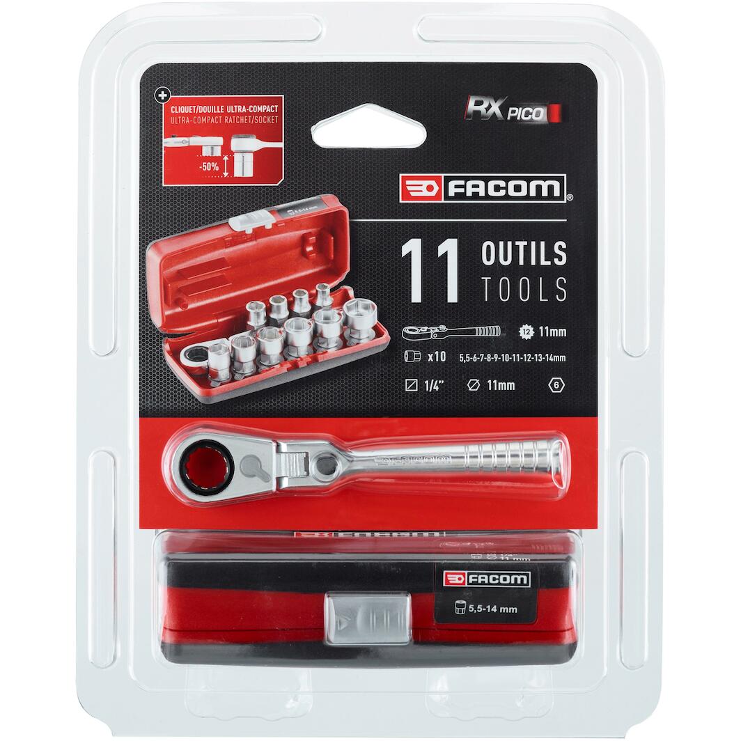 Cliquet Facom R.180HX - Tête Flexible 180°, 60 Dents, Pour Espaces Restreints - Hexagone 11mm