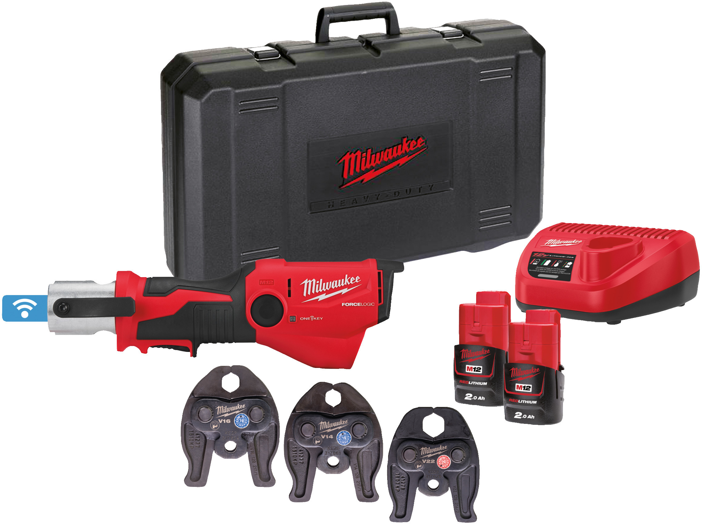 MILWAUKEE M12 ONEHPT-202C V-Set 2 ONE-KEY cordless pressing tool with 3 V pressing jaws in case (2x 2.0Ah battery + charger) - 4933481035