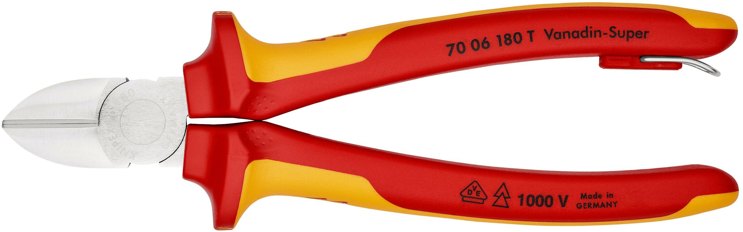 Knipex Kracht-zijsnijtang verchroomd, geïsoleerd met meercomponenten- omhullingen, VDE-gekeurd, met geïntegreerde geïsoleerde bevestigingshaak om een valbeveiliging aan te brengen 250 mm 74 06 250 T