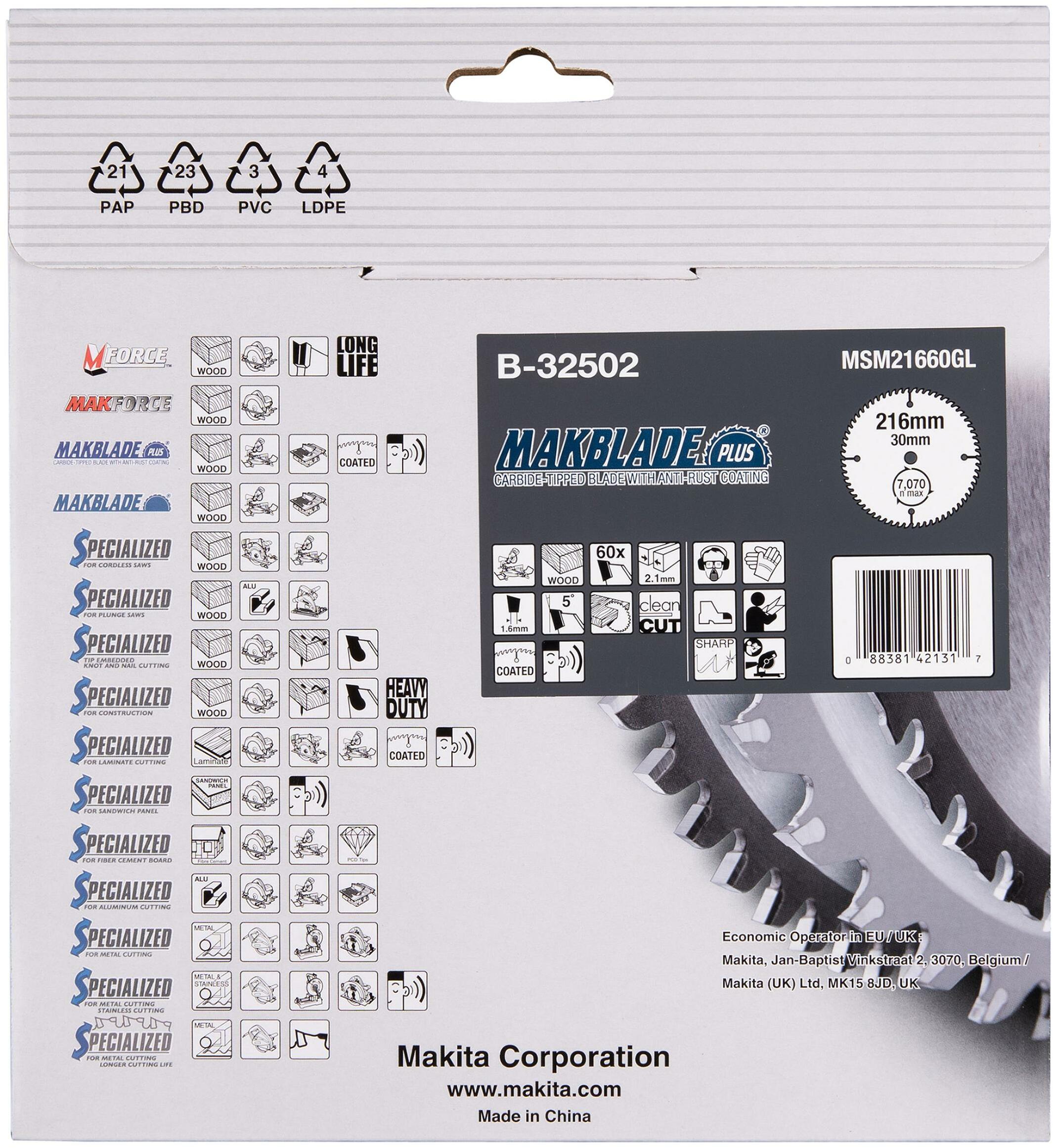 Lame De Scie Circulaire Makita B-32502 Makblade Plus - 216 Mm X 30 Mm Alésage, 60 Dents - Pour Coupe Précise Du Bois